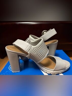 Clarks White Perforated Block Heel Sandals
